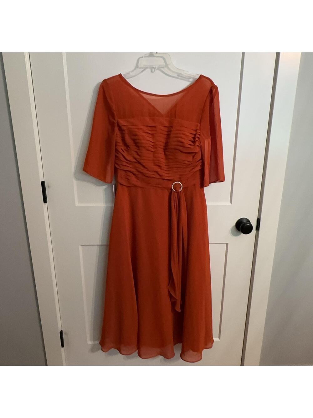 Azazie Dress Sz A10 Orange Paprika Naomi Chiffon Ruched Midi Mother Of Bride